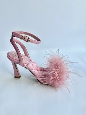 NEW Vince Camuto Pink Feather Heels Satin Ankle Strap Sandals Size 6